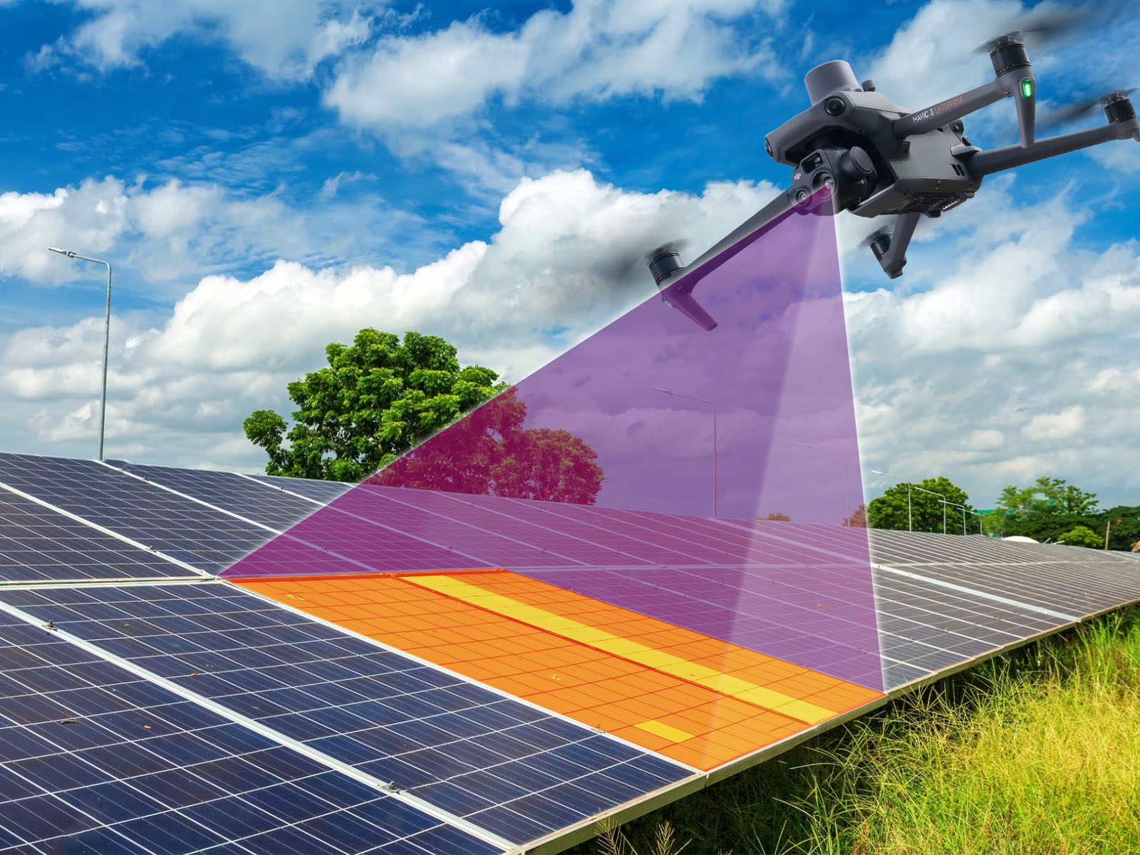 Drone inspecting solar panels under a partly cloudy sky.