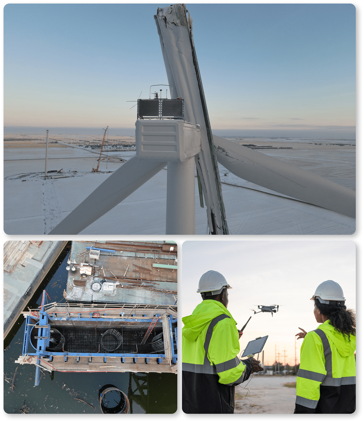 Wind turbine maintenance and inspection in a snowy landscape.
