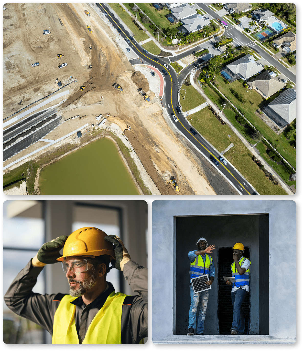 Construction site with workers in safety gear and machinery.