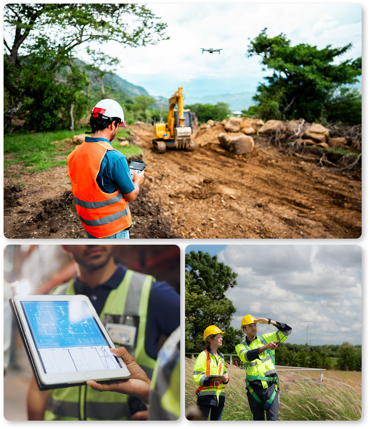 Construction workers using technology at a worksite.