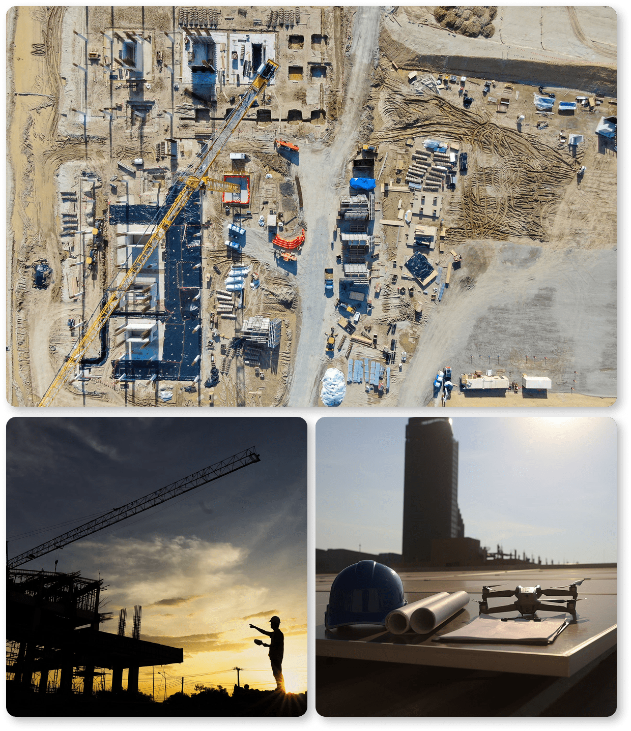 Aerial view of a construction site with cranes and vehicles.