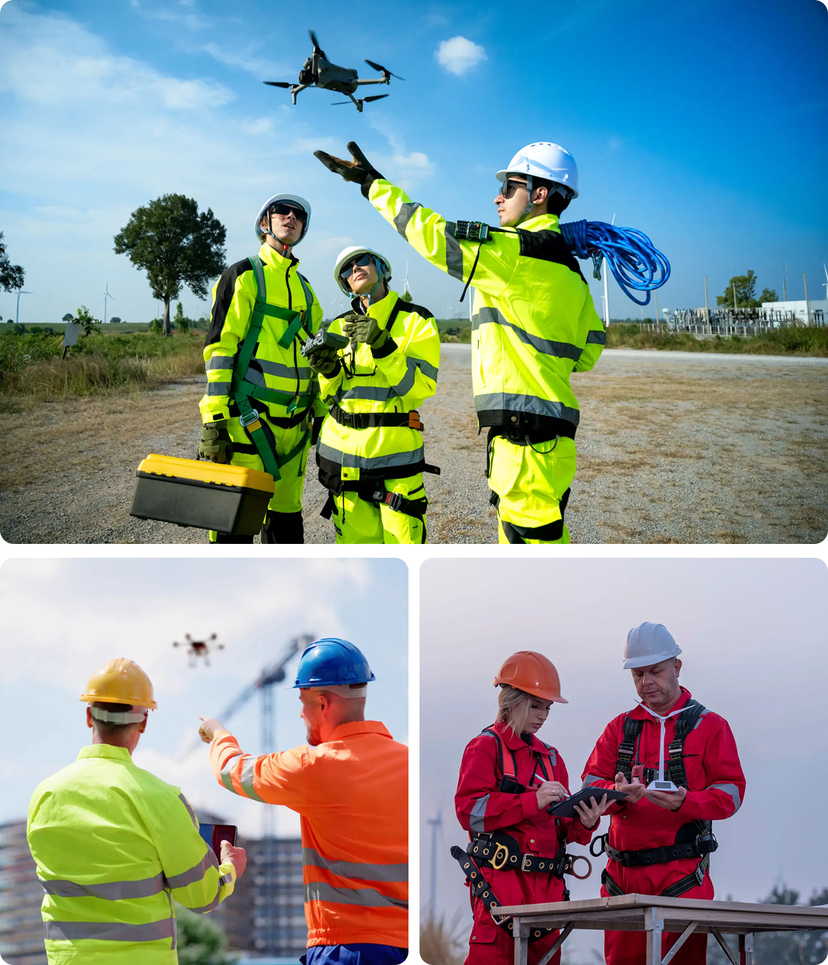 Workers operating drones outdoors