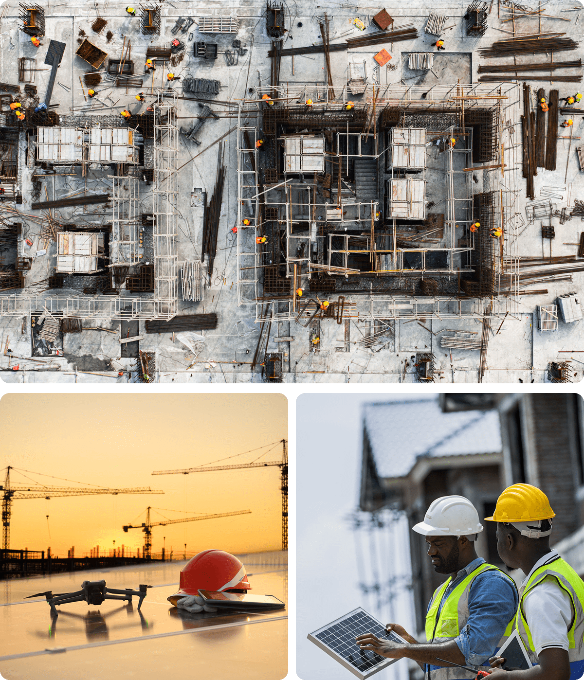 Drone and construction site at sunset