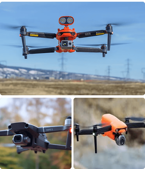Orange drone flying outdoors with camera and propeller details.