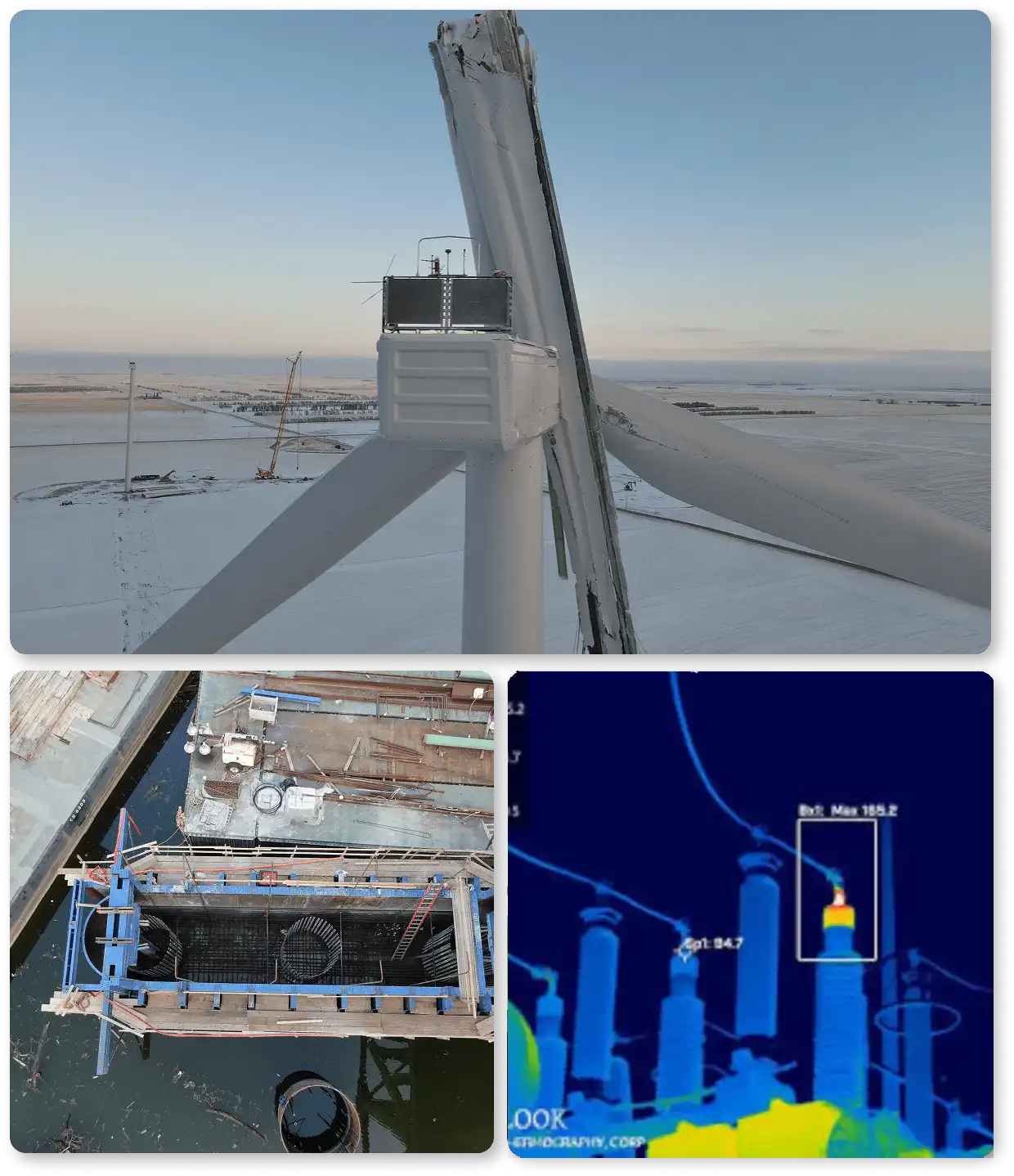Damaged wind turbine and thermal imaging equipment.