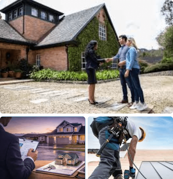 Real estate agent with clients and house.