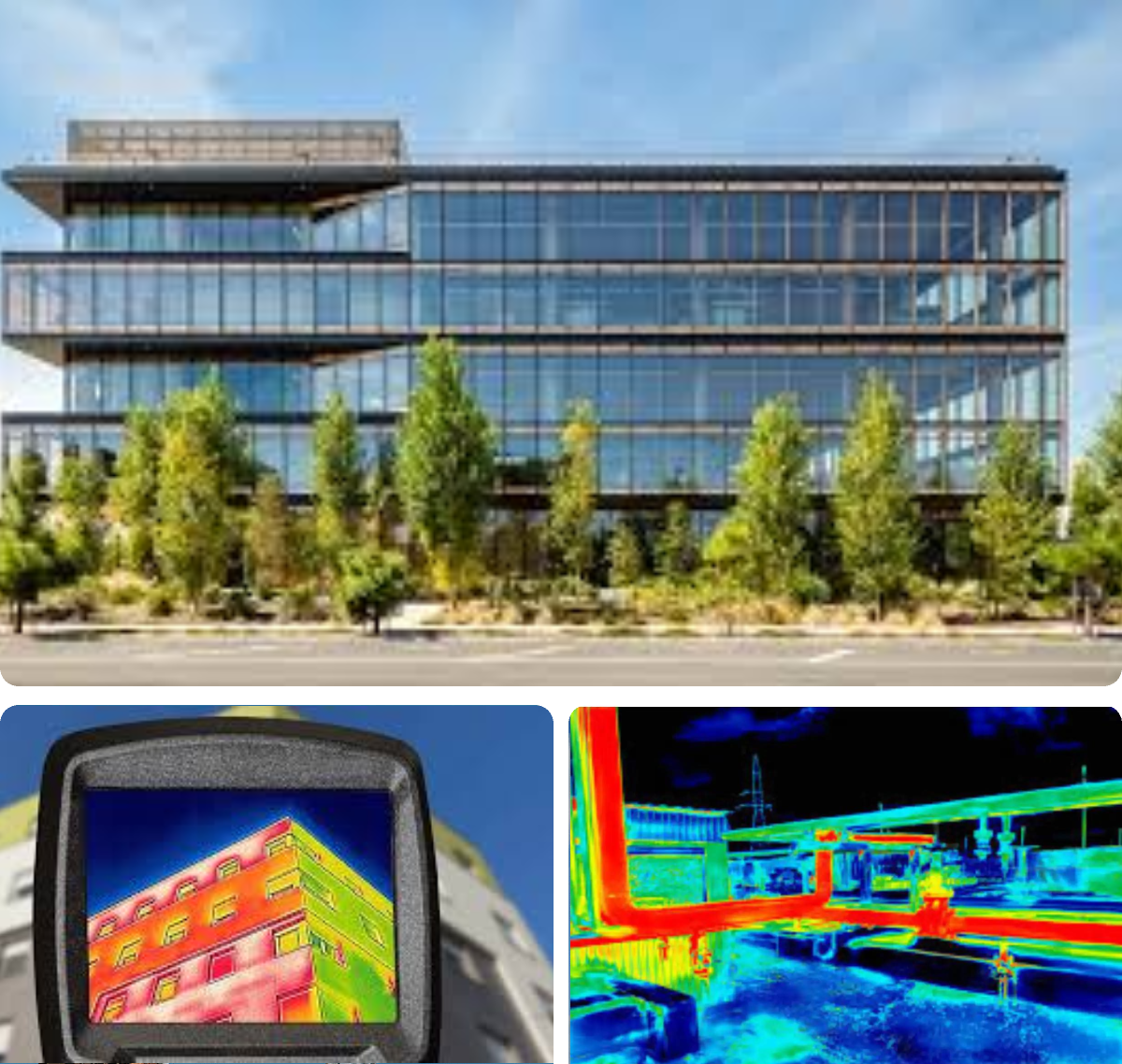 Modern building with thermal imaging overlays.