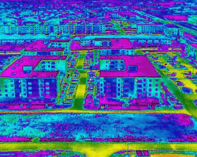 Aerial thermal image of a commercial low-slope roof