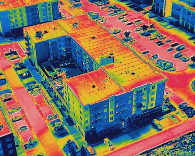 Aerial thermal image of a commercial low-slope roof